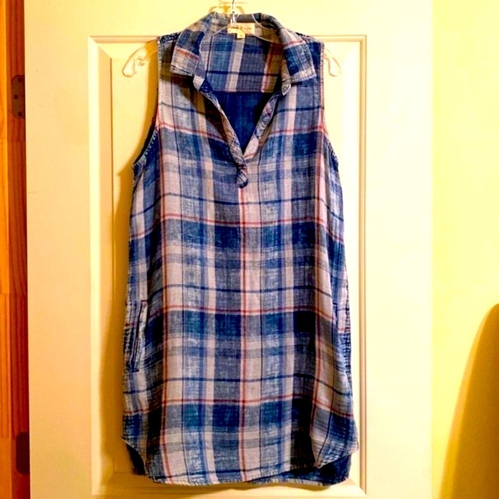 Anthropologie Cloth & Stone Gauzy Light Weight Sleeveless Neck Plaid Dress M